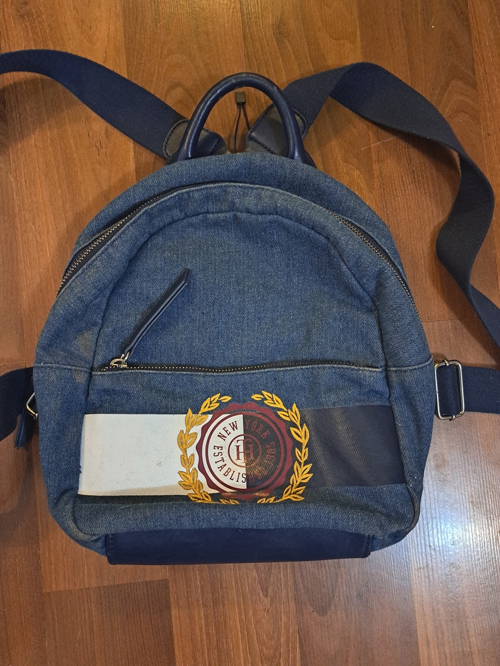 Tommy Hilfiger Navy Denim Small Backpack with Crest and Stripe
